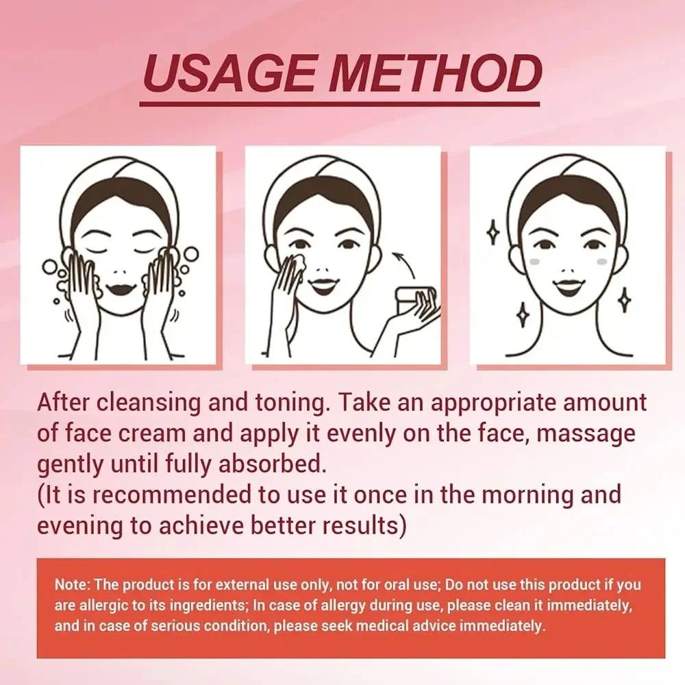 Instruções de uso de creme facial removedor de rugas para aplicação e massagem na pele do rosto