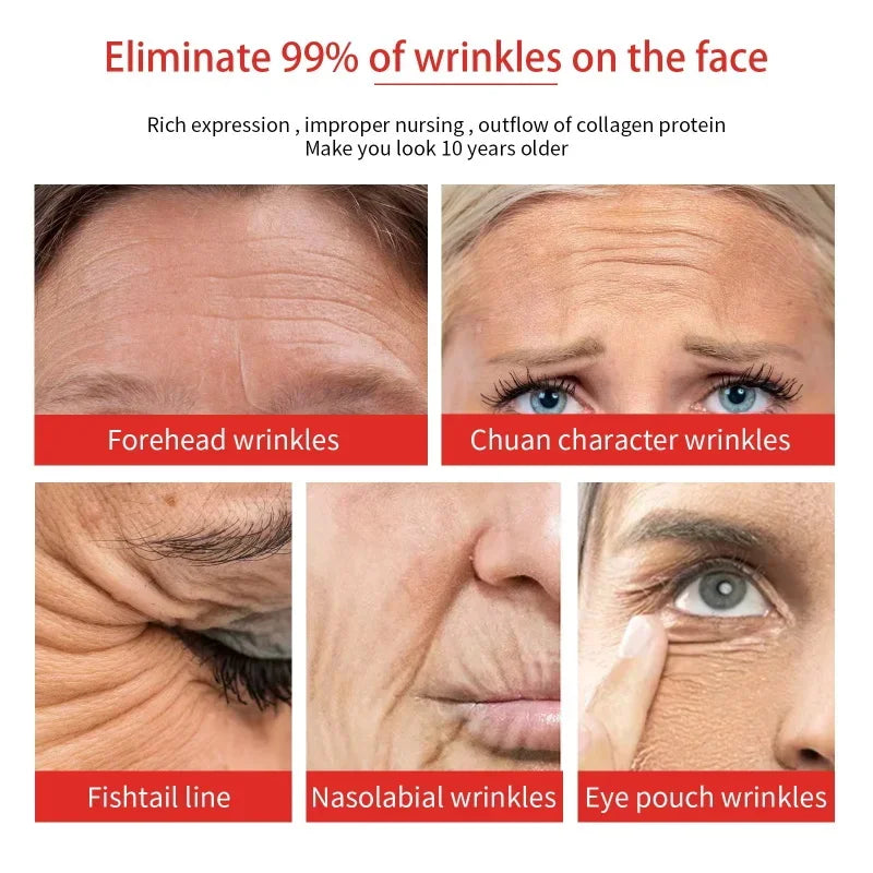 Imagem de creme facial removedor de rugas com diferentes tipos de rugas no rosto e benefícios do produto
