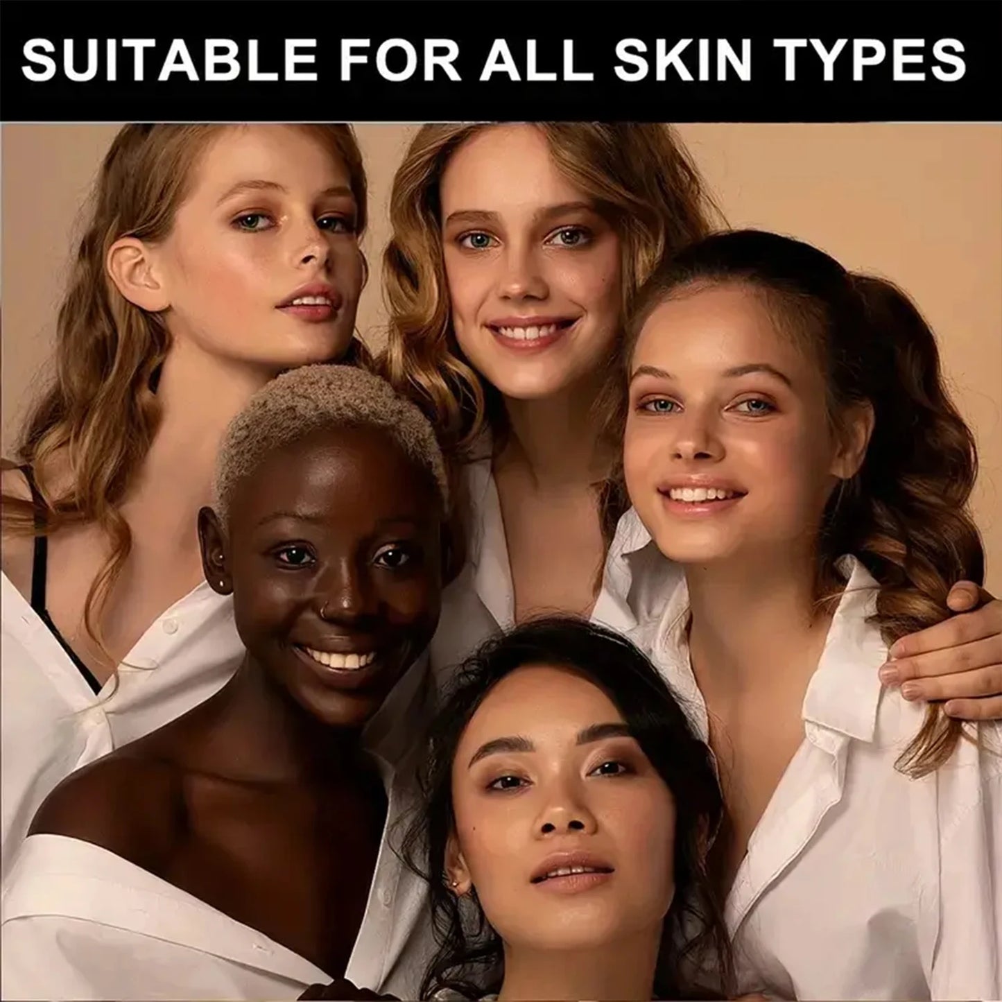 Creme firmador facial com retinol em destaque, adequado para todos os tipos de pele, com várias modelos sorrindo