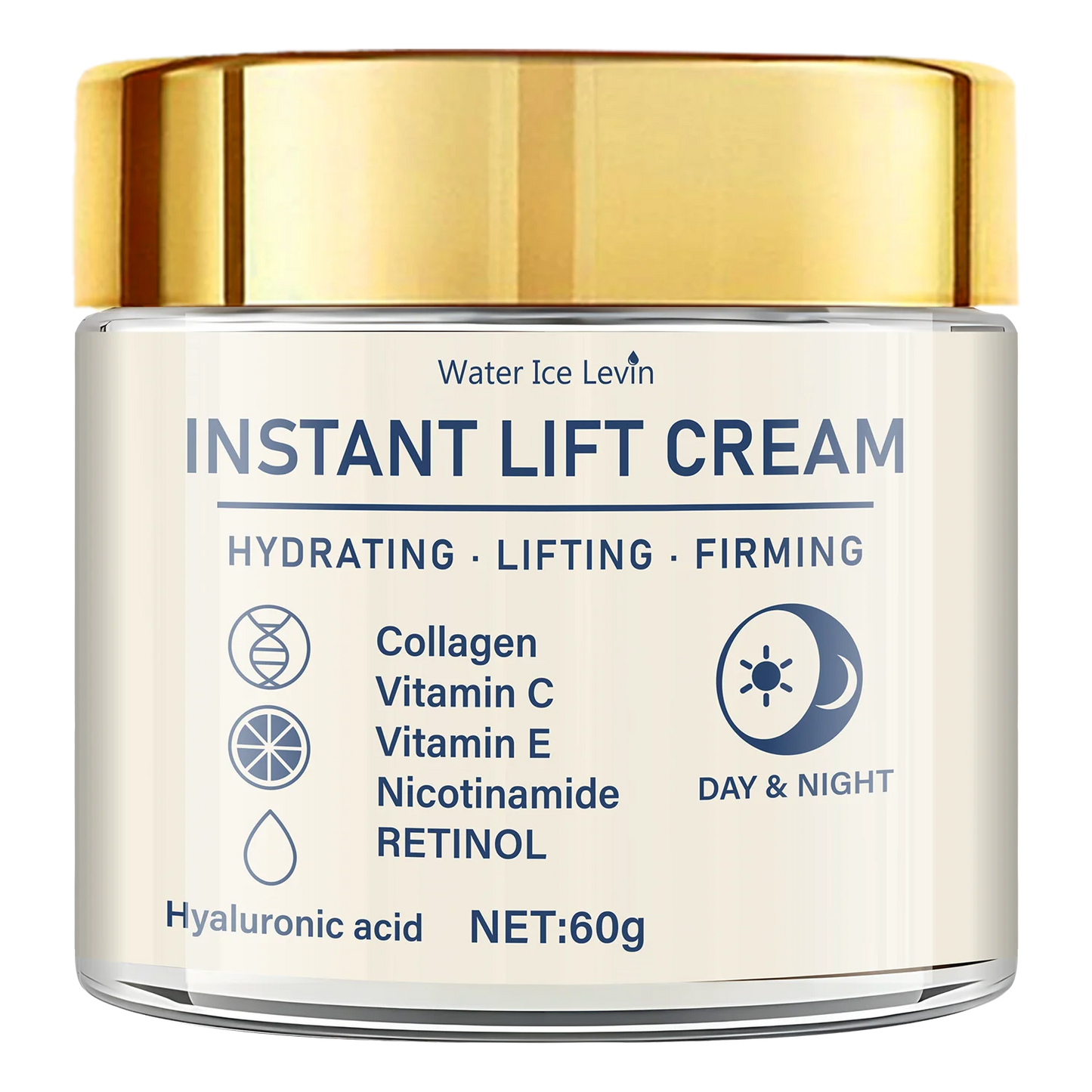 Creme firmador facial com retinol da Water Ice Levin em embalagem de 60g, hidrata e firma a pele.