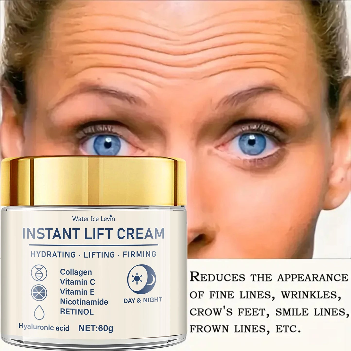 Creme firmador facial com retinol Water Ice Levin em frasco, reduz a aparência de rugas e linhas de expressão.