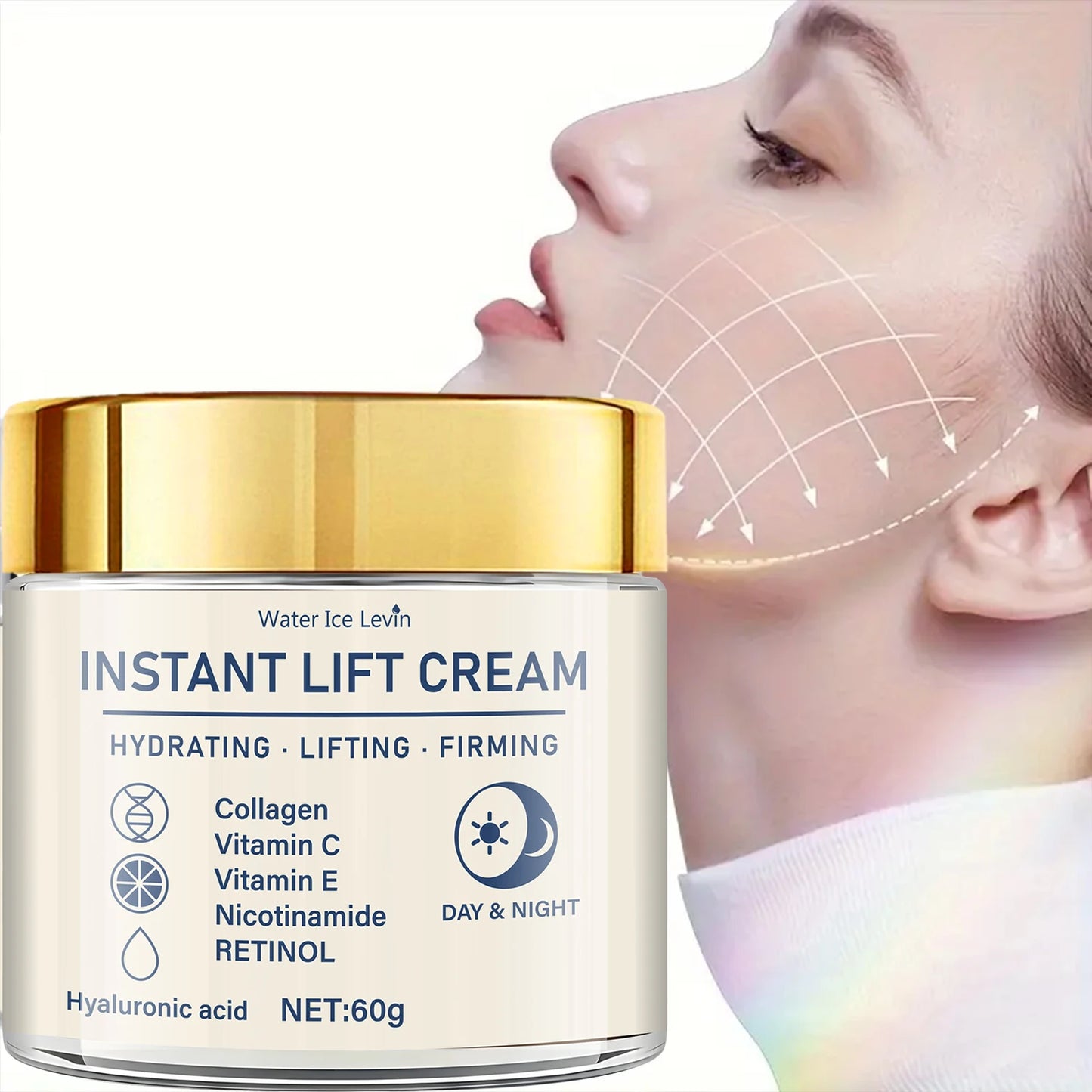 Creme firmador facial com retinol da Water Ice Levin, com ingredientes hidratantes e nutritivos