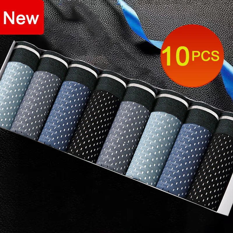 Conjunto de 10 cuecas masculinas seda gelada em diferentes cores e padrões, confortáveis e elegantes.