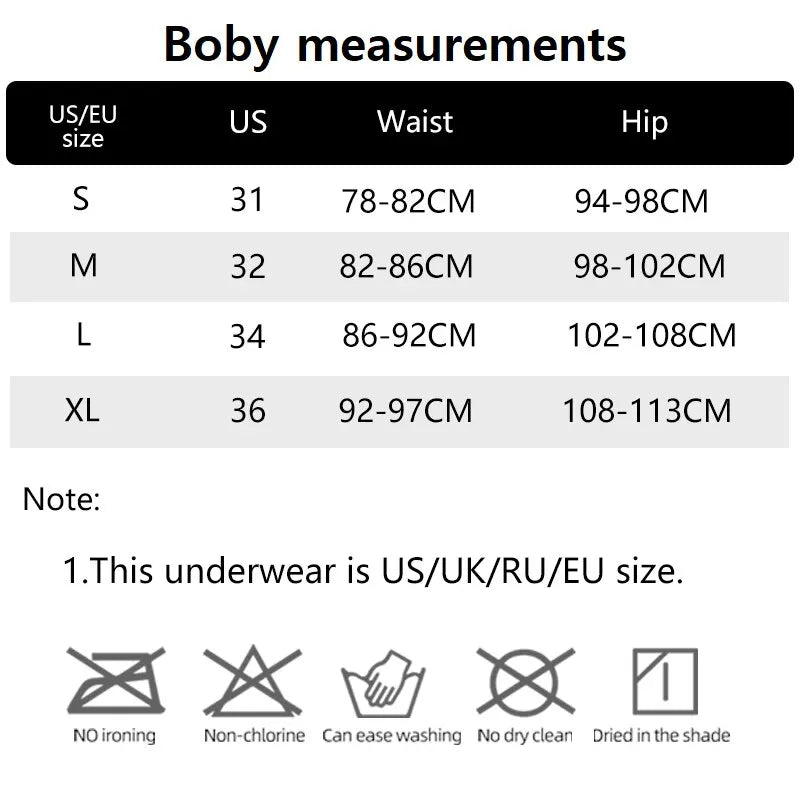Tabela de medidas para cuecas boxers esportivas masculinas, tamanhos S a XL com medidas de cintura e quadris