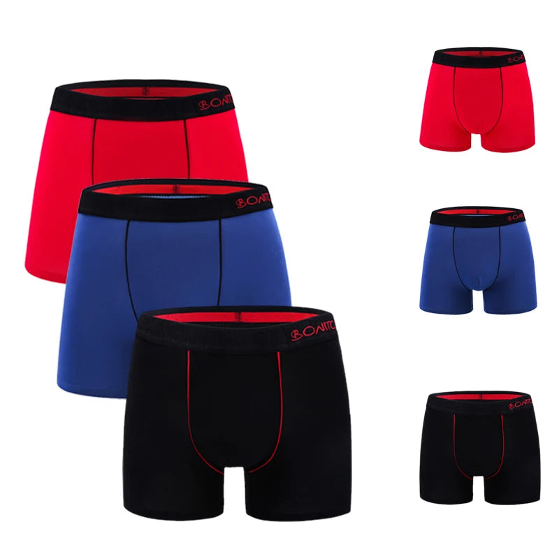 Conjunto de cuecas sólidas masculinas em várias cores: vermelho, azul e preto, com cós confortável