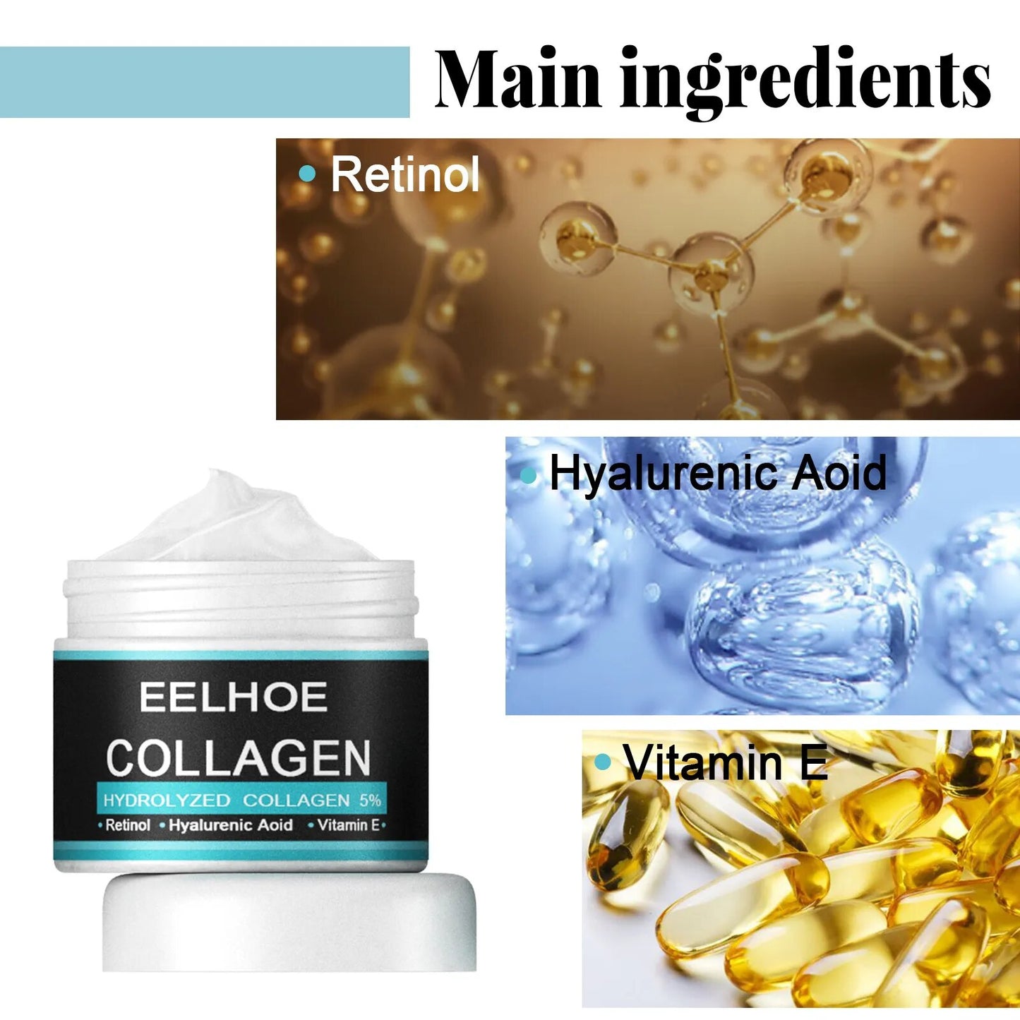 Creme facial antirrugas ENVISHA com ingredientes principais como retinol e colágeno hidratante antienvelhecimento