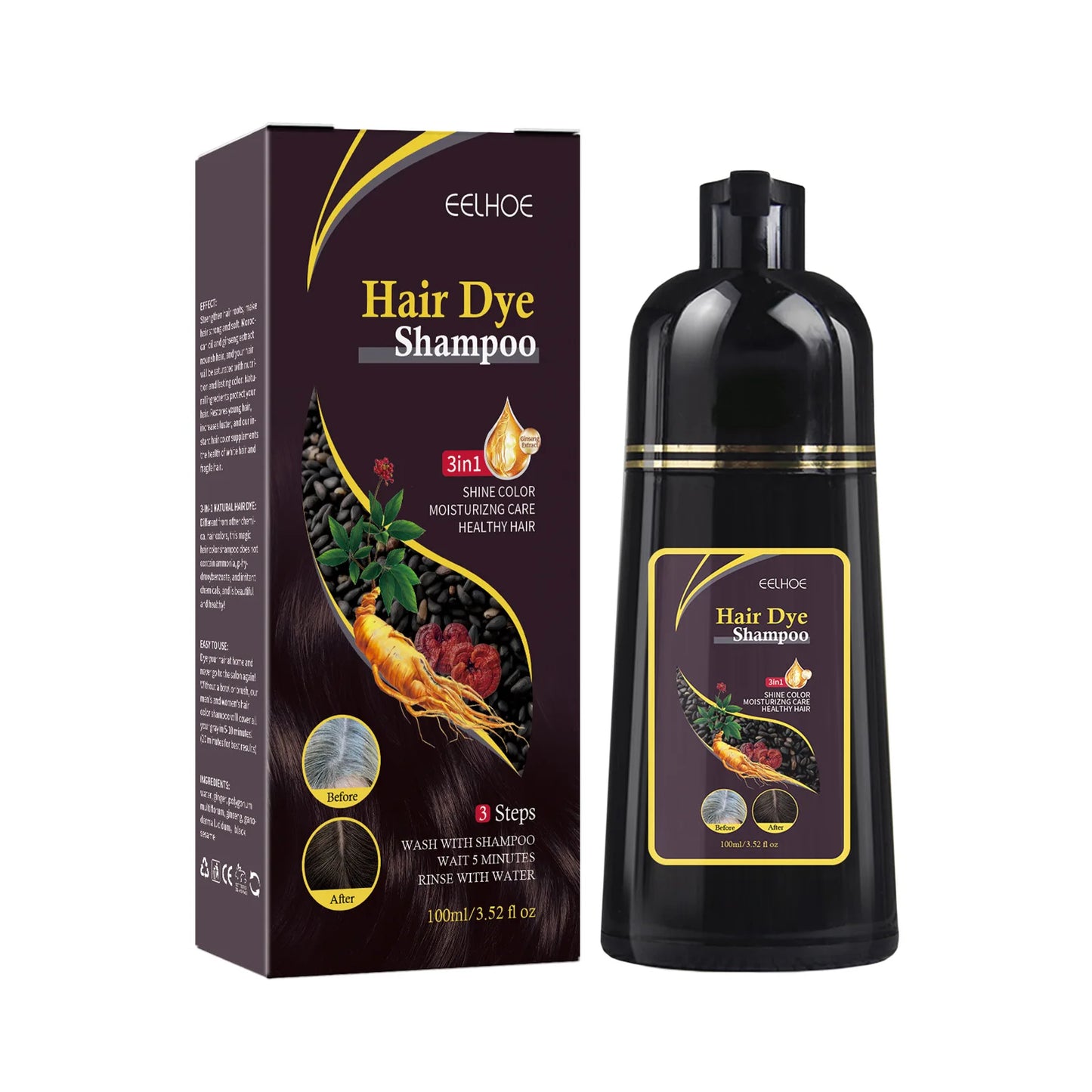 Shampoo tintura de cabelo EELHOE em embalagem preta, oferece cor vibrante e cuidados saudáveis para os fios.