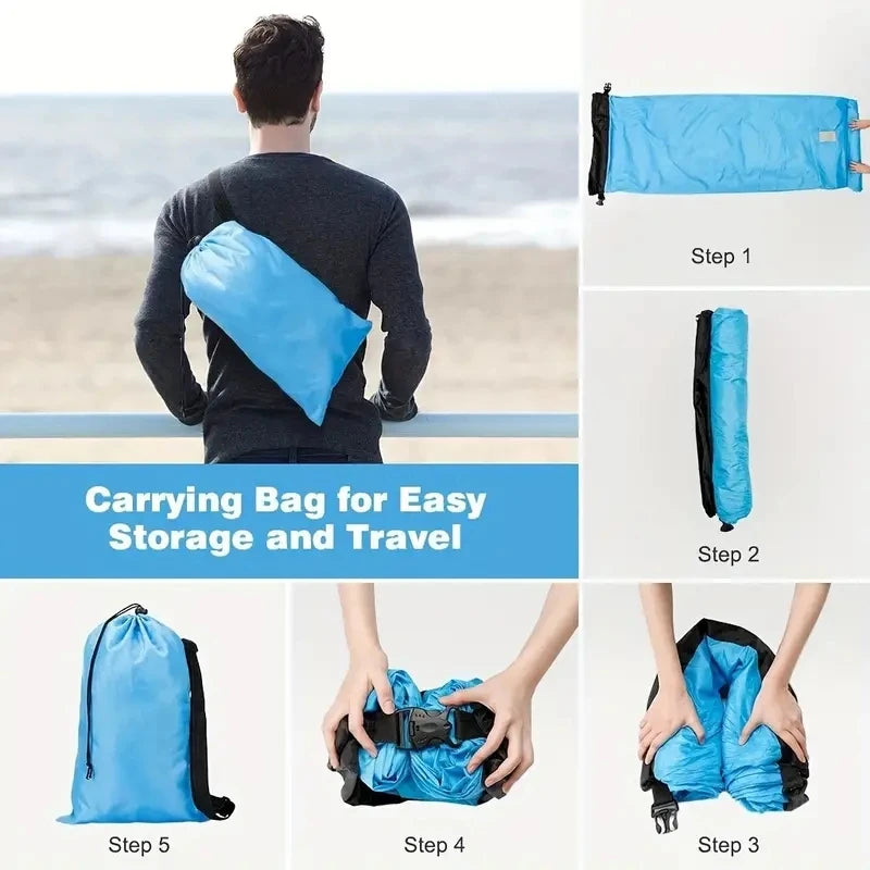 Sofá cama inflável azul com bolsa de transporte, ideal como equipamento de acampamento leve