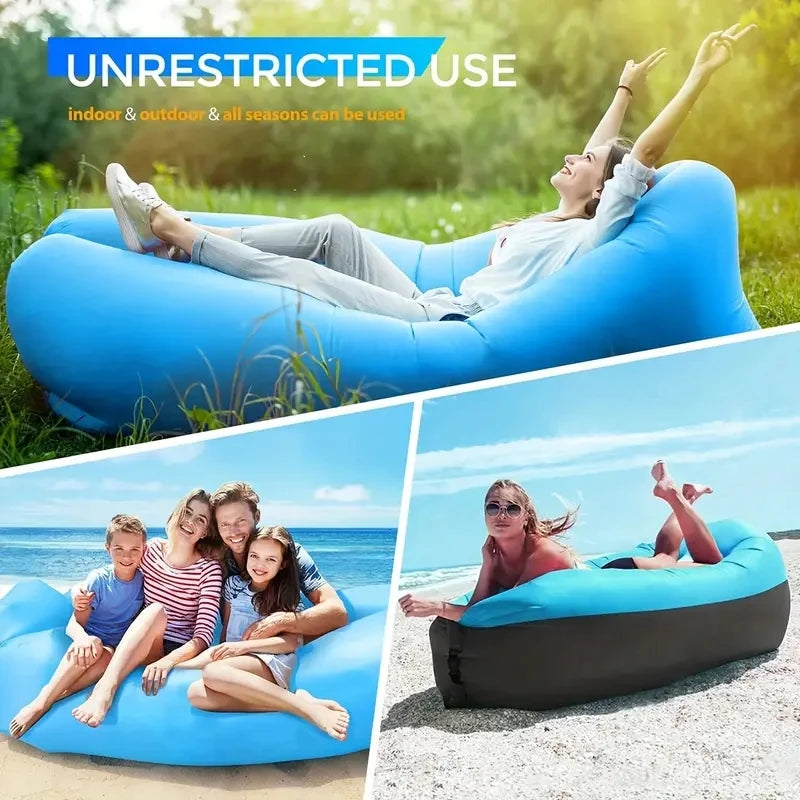 Sofá cama inflável azul e preto, ideal para equipamentos de acampamento leve e uso ao ar livre.