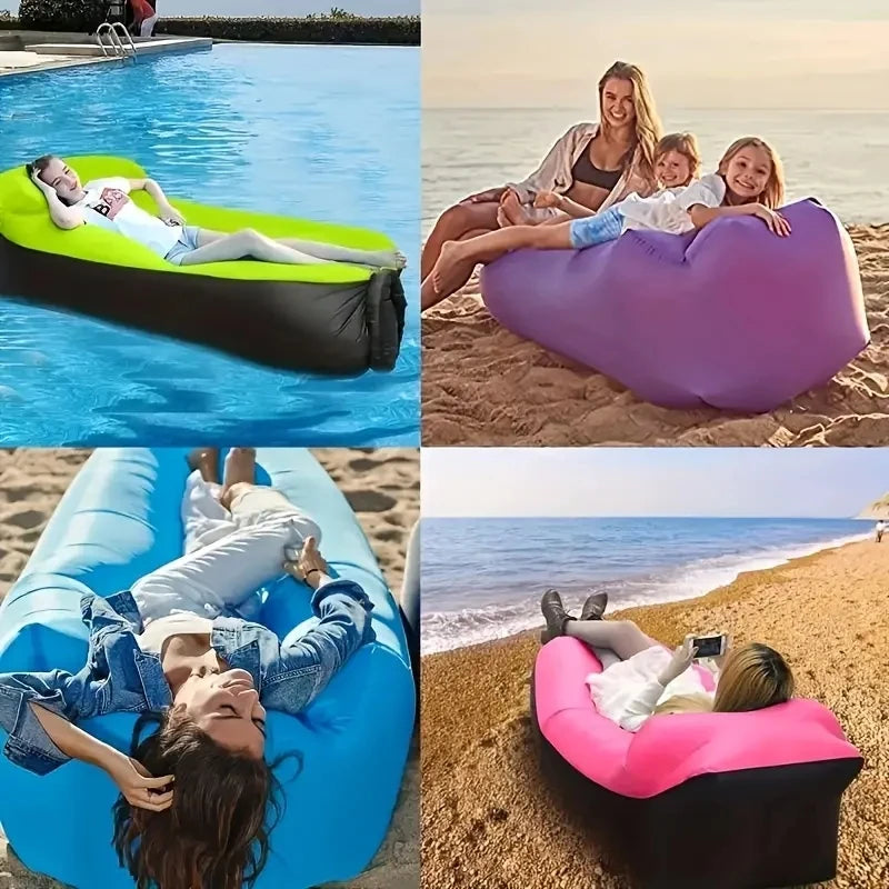 Sofá cama inflável colorido ideal para relaxar em ambientes externos, equipamento de acampamento leve