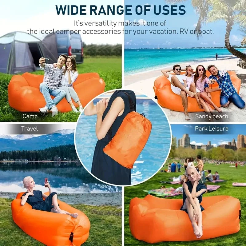 Sofá cama inflável laranja ideal para acampamento e viagens, equipamento de acampamento leve e prático