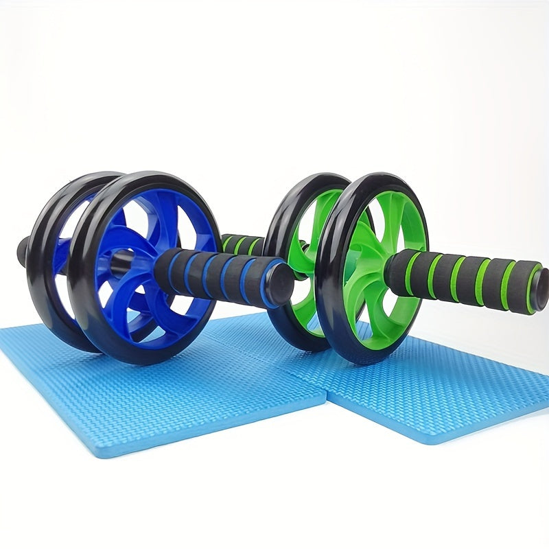 Roda abdominal para exercícios com suporte em azul e verde, ideal como equipamento de treino multifuncional
