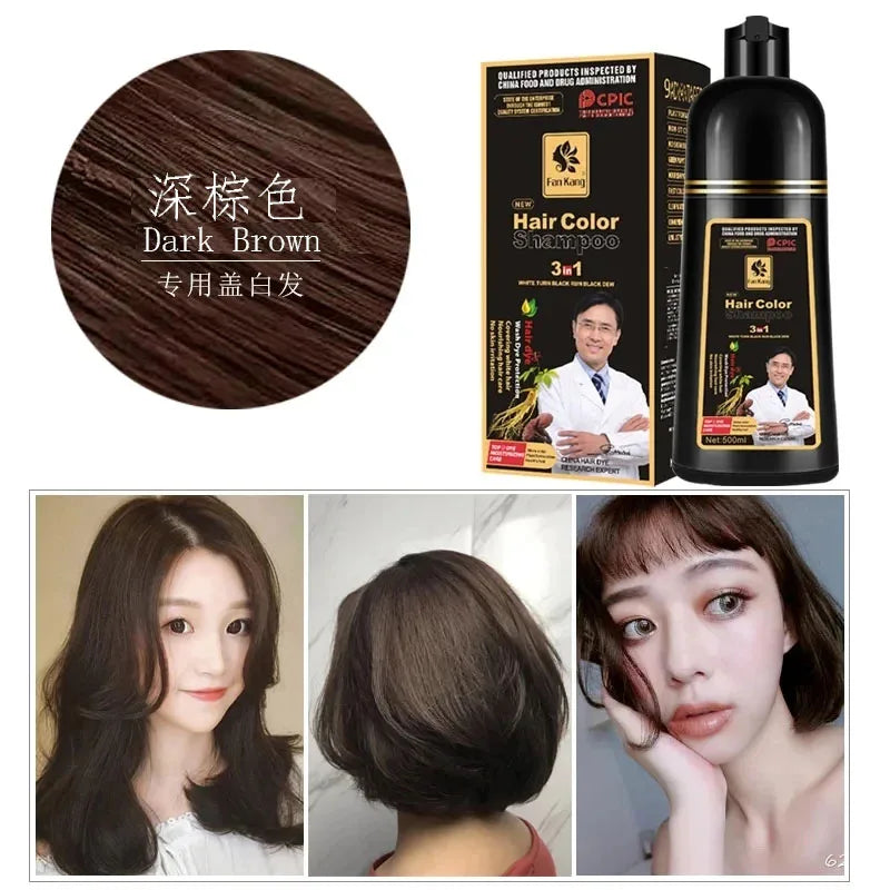 Shampoo de tintura de cabelo 3 em 1 da NOENNAME_NULL para cuidados capilares naturais com cor castanho escuro