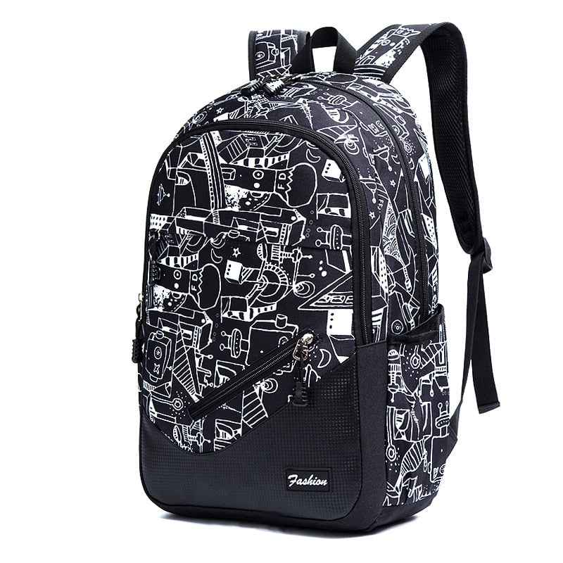 Mochila escolar grande capacidade com design moderno em preto e branco, ideal para crianças e adolescentes