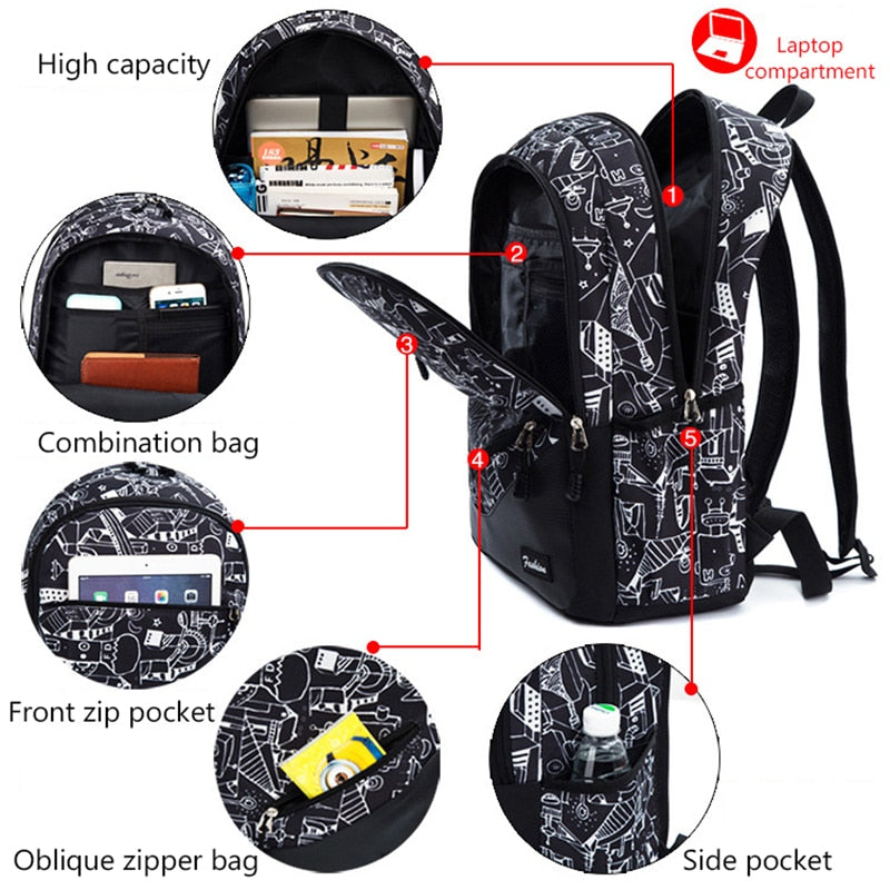 Mochila escolar grande capacidade com compartimentos organizados para notebooks, bolsos laterais e zíper frontal