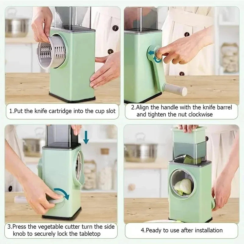 Fatiador de legumes 3 em 1 MZXM com instruções de uso para cortes práticos e rápidos na cozinha