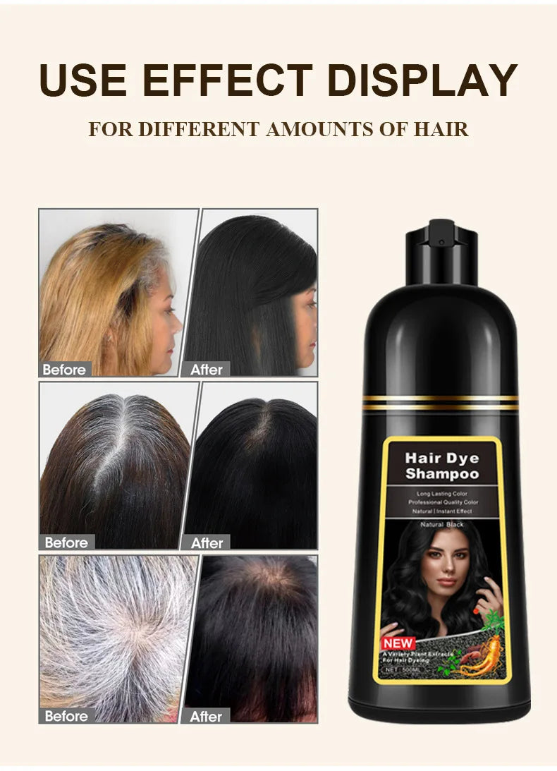 Shampoo de tintura de cabelo com componentes herbais mostrando resultados antes e depois em diferentes tipos de cabelo