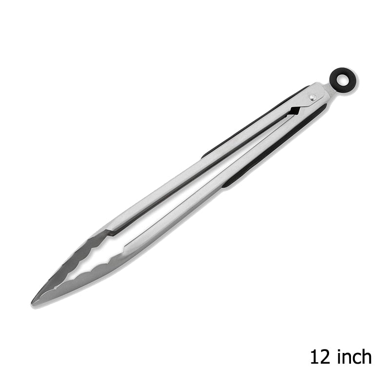 Pinça para churrasco de 12 polegadas, ferramentas de cozinha de aço inox, ideal para manuseio de alimentos.