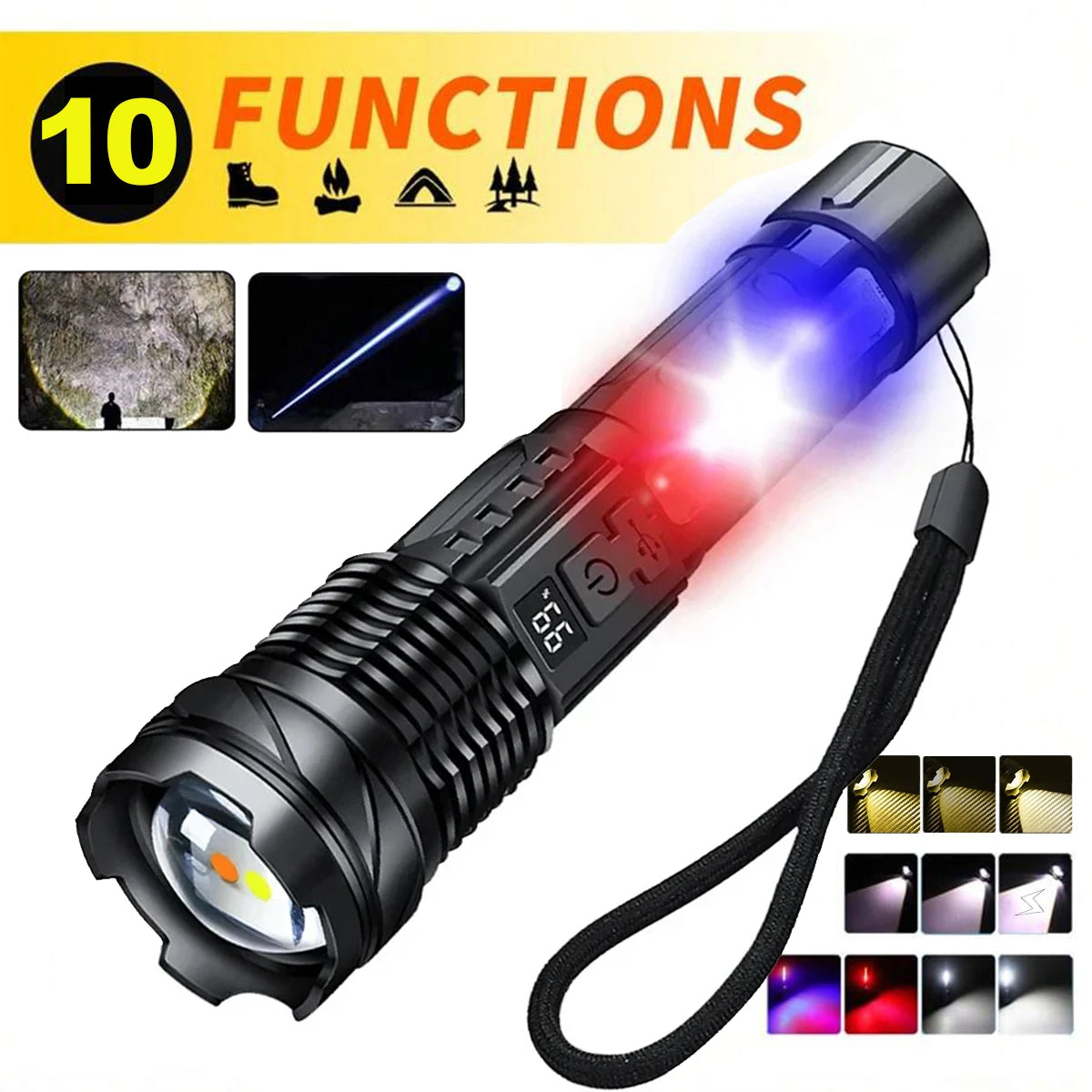 Lanterna HEINAST LED de alta potencia lanterna cob potente com luz lateral multiplos modos zoom display e cordao de pulso