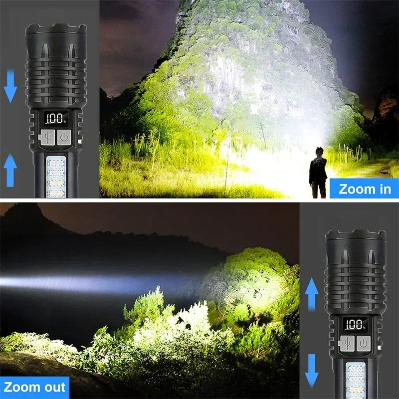 Lanterna HEINAST lanterna cob potente com luz lateral com zoom do feixe frontal painel lateral COB e display digital