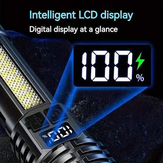 Lanterna HEINAST led de alta potência lanterna cob potente com luz lateral com display LCD mostrando 100 por cento