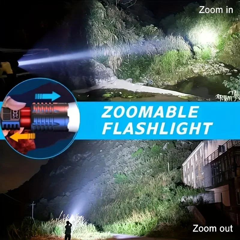 lanterna cob potente com luz lateral HEINAST demonstrando feixe zoomavel iluminando vegetacao e paisagem noturna