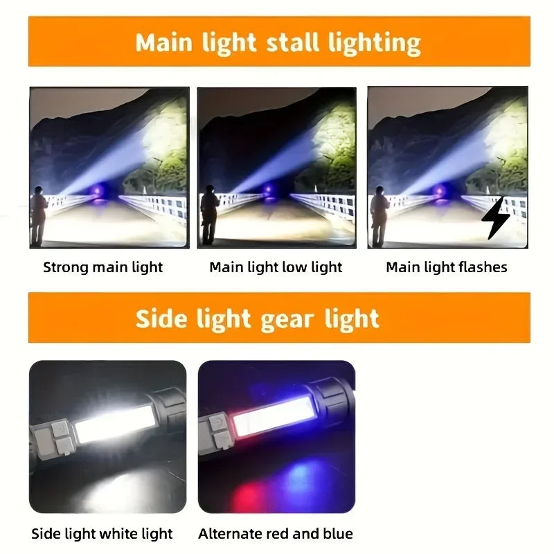 HEINAST lanterna cob potente com luz lateral com feixe principal modos forte baixo piscante e luz lateral branca vermelha azul