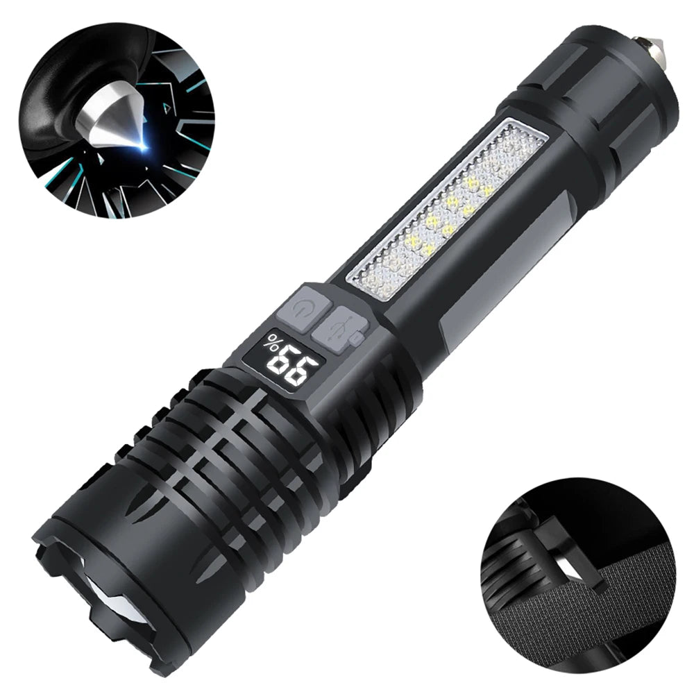 lanterna cob potente com luz lateral HEINAST preta LED alta potencia com display de porcentagem e ponta quebra vidro