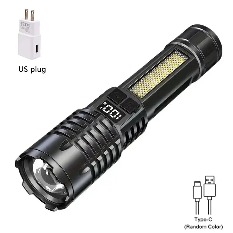 Lanterna HEINAST lanterna cob potente com luz lateral recarregavel USB Type C com display de bateria corpo preto