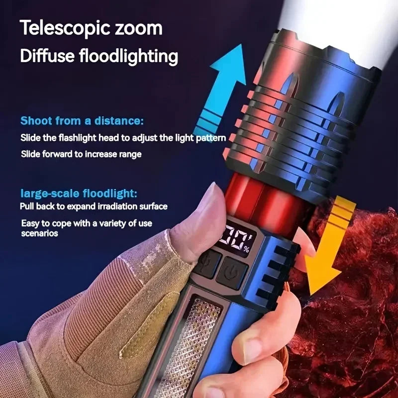 Lanterna HEINAST led de alta potência com zoom telescópico e display digital lanterna cob potente com luz lateral