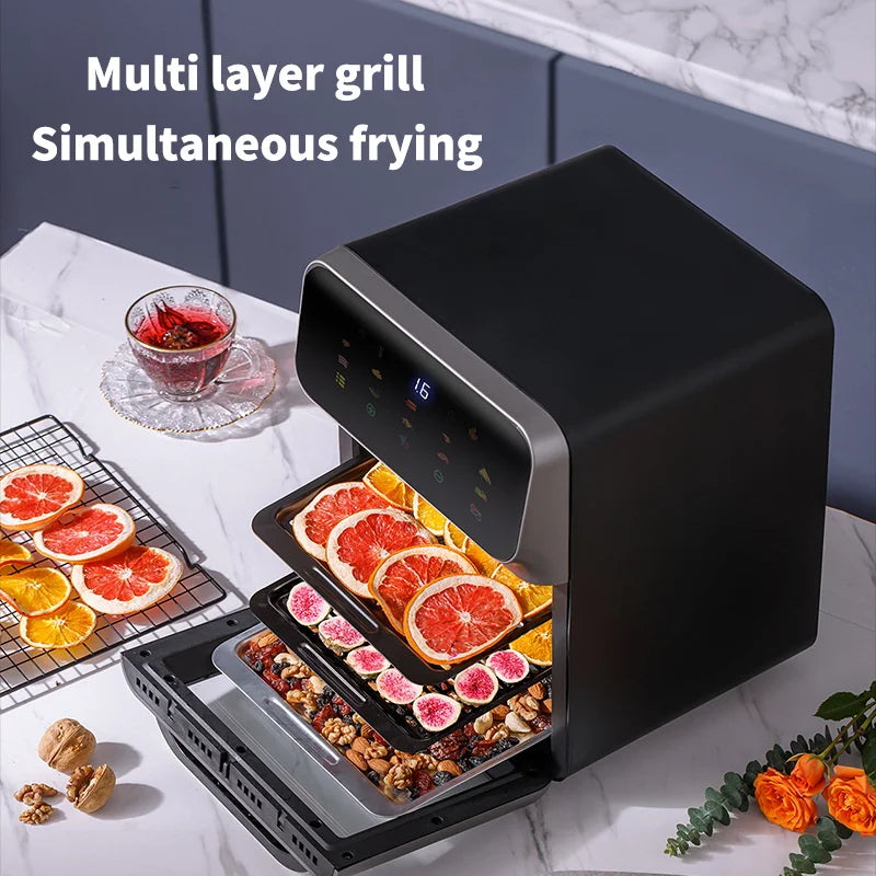 Fritadeira elétrica 10L grande capacidade com grelha em camadas e fritura simultânea de alimentos.