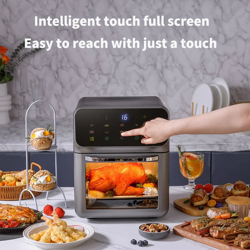 Fritadeira elétrica 10L grande capacidade com tela sensível ao toque e design moderno para fritar alimentos.