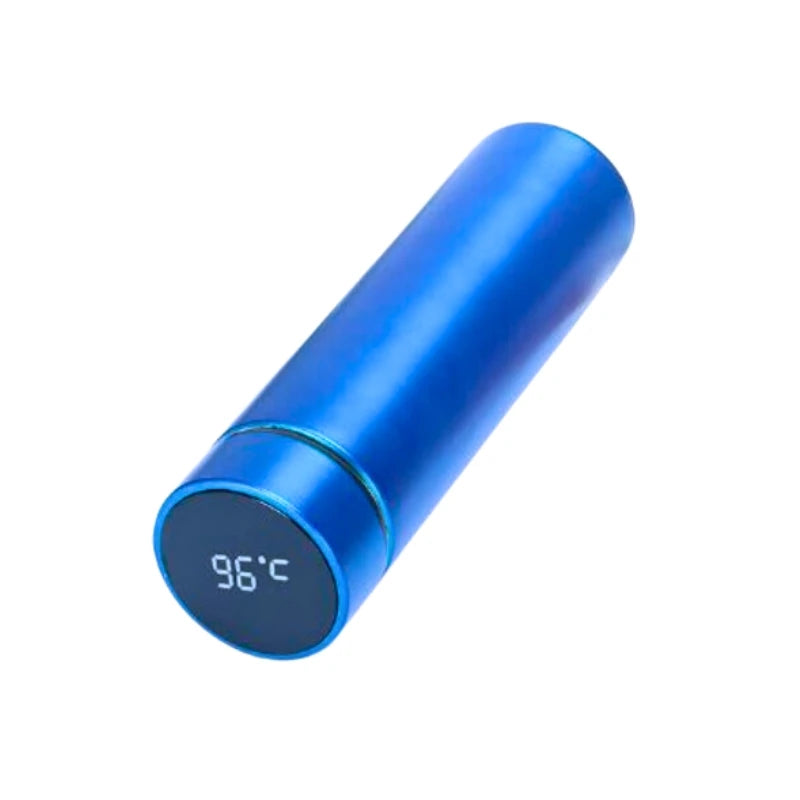 Garrafa inox sensor temperatura azul com display digital que indica a temperatura da bebida