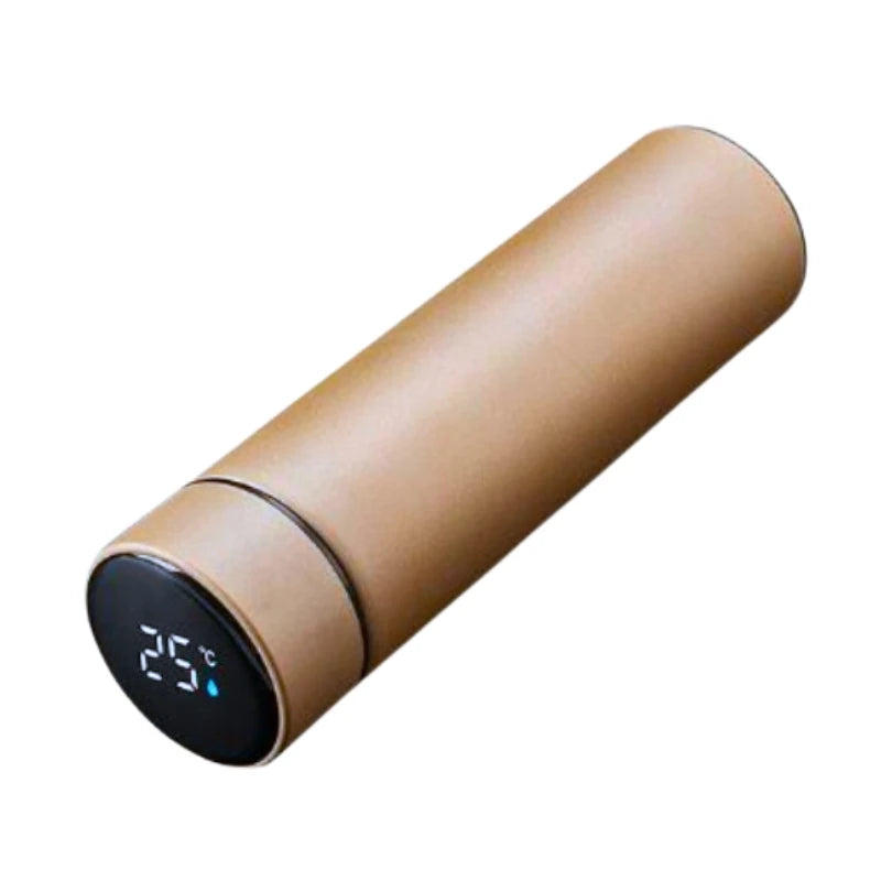 Garrafa inox sensor temperatura em cor dourada com display digital para monitorar a temperatura da bebida