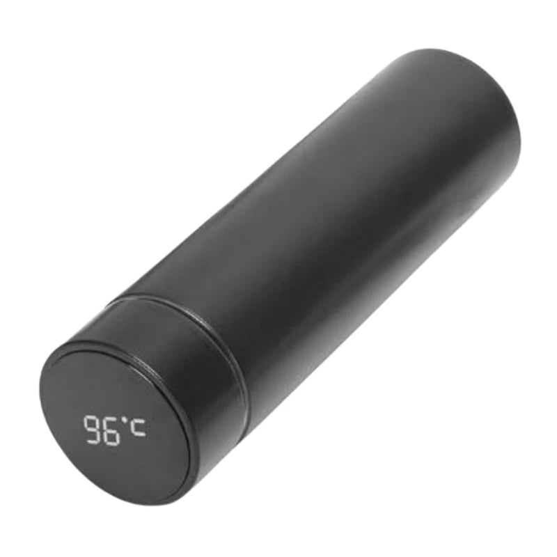 Garrafa inox sensor temperatura em preto, com display digital mostrando a temperatura da bebida