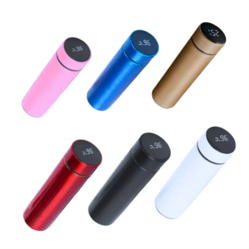 Conjunto de garrafa inox sensor temperatura em várias cores, ideal para bebidas quentes e frias