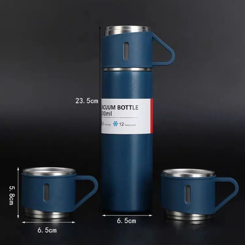 Garrafa térmica 500ml SKYTUR com duas xícaras, ideal para manter bebidas quentes e frias