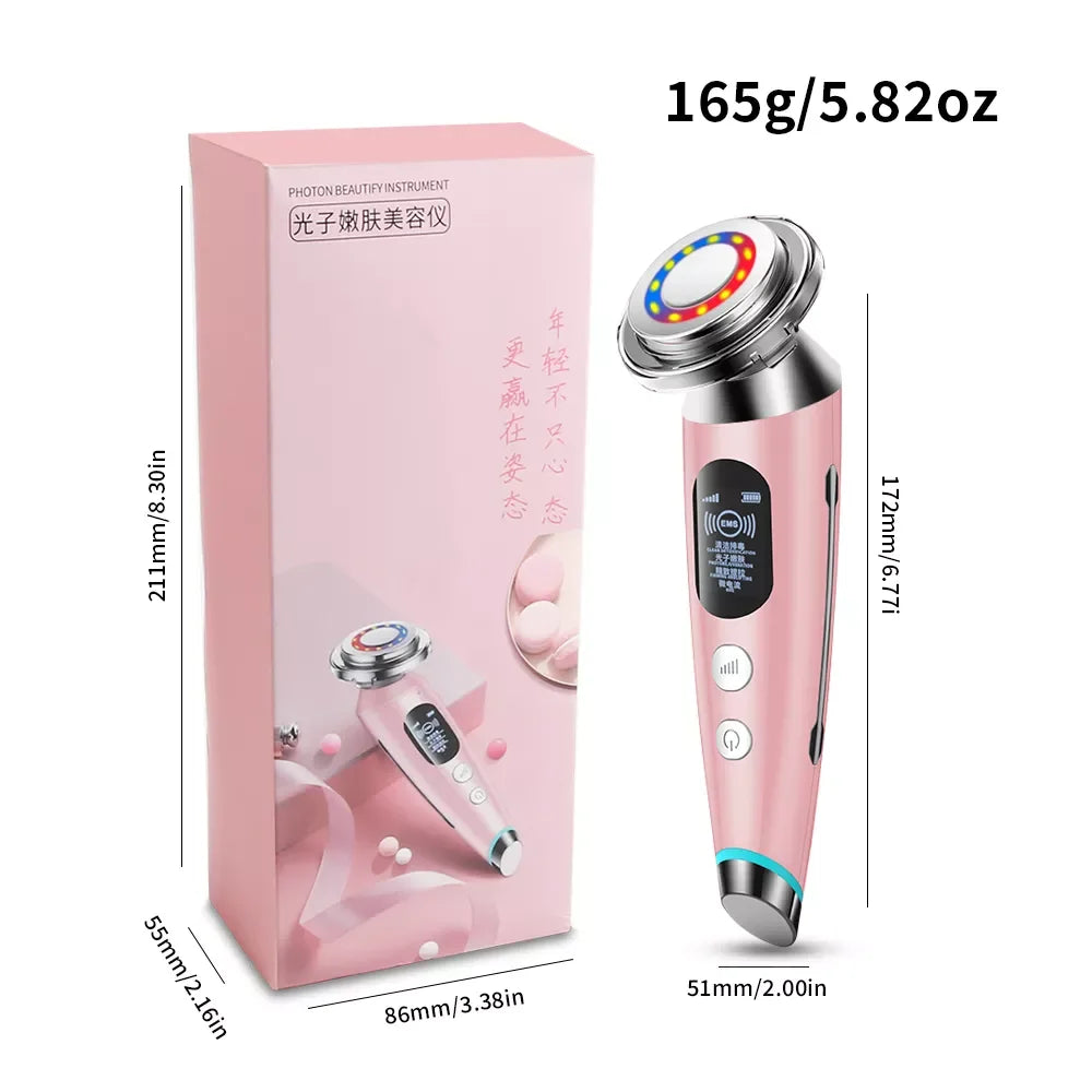 Massageador facial GENNADIYA com tecnologia de rejuvenescimento facial LED em cor rosa e design moderno