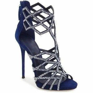 Sandália feminina DIPSLOT gladiador feminino com cristais em azul marinho e salto alto