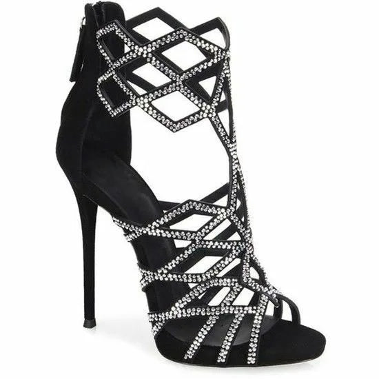 Sandália gladiador feminino com cristais da DIPSLOT em preto com salto alto e design moderno