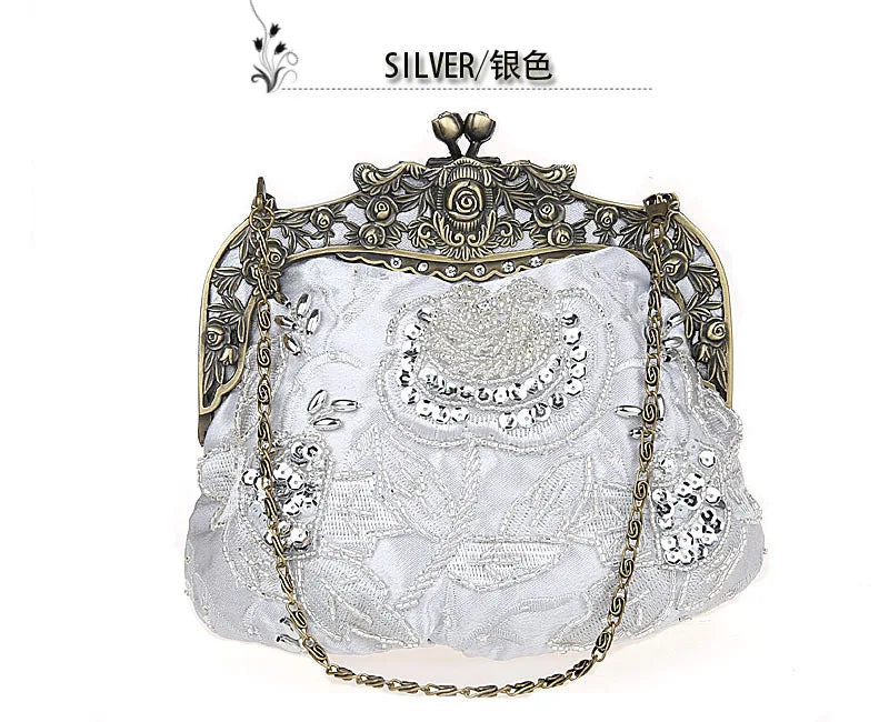 Bolsa feminina vintage prata com detalhes em bordado e corrente elegante para ocasiões especiais
