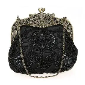 Bolsa feminina vintage HISUELY em preto com detalhes em bordado e corrente elegante