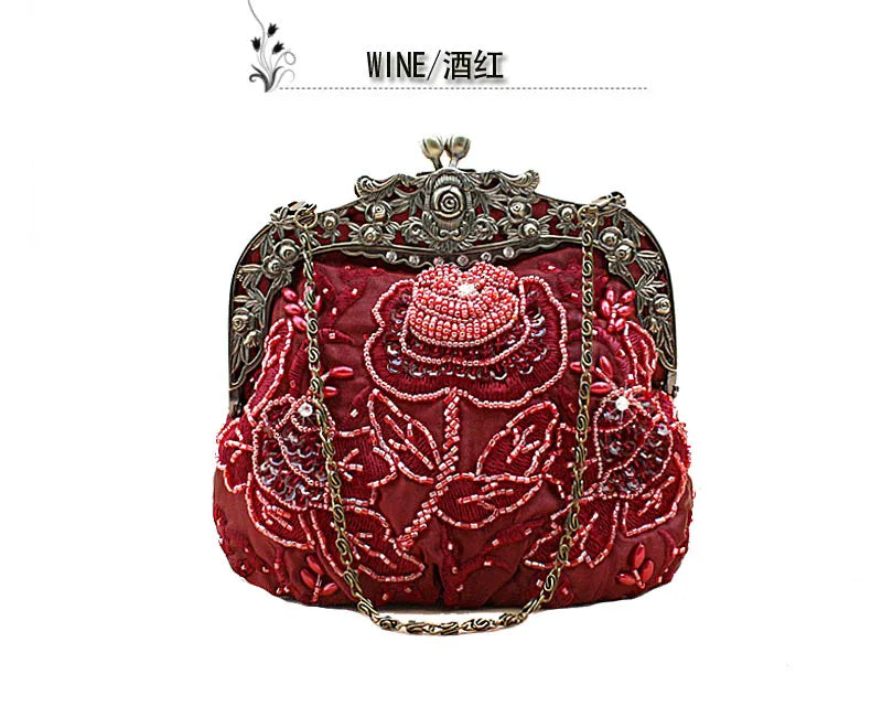 Bolsa feminina vintage HISUELY details em bordado e corrente elegante na cor vinho