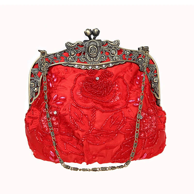 Bolsa feminina vintage vermelha com bordado de flores e fecho de metal decorativo