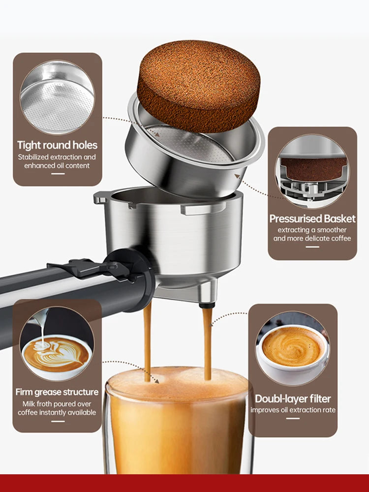 Máquina de café expresso CAFELFFE com acessório de filtro de dupla camada para cafeteira expresso vapor quente