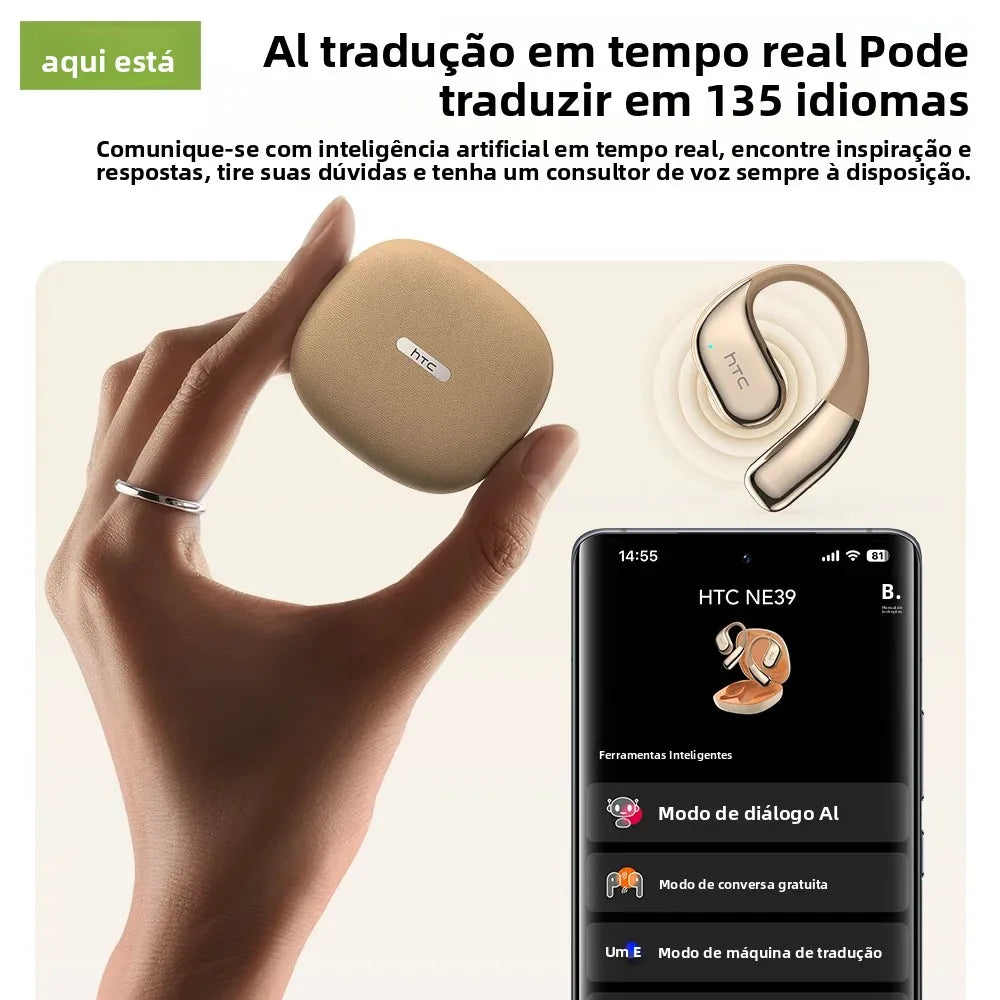 Fone de ouvido bluetooth tradutor HTC NE39 em uso com função de tradução em tempo real
