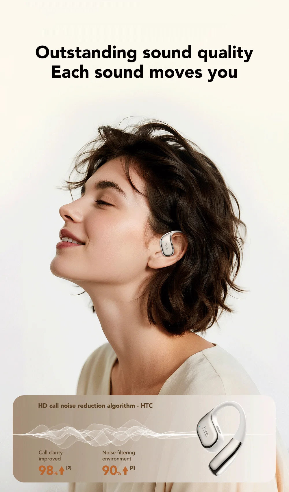 Fone de ouvido bluetooth tradutor da HTC com qualidade de som excepcional e redução de ruído.