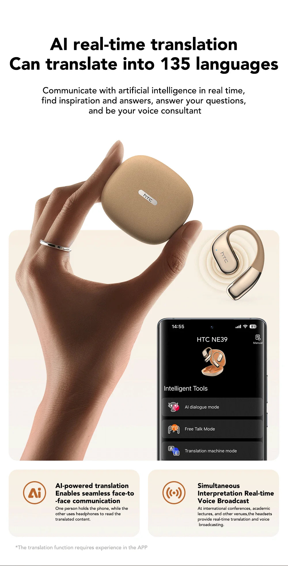 Fones de ouvido bluetooth tradutor HTC com design compacto e tecnologia de tradução em tempo real.
