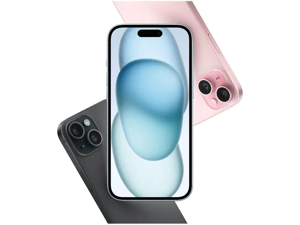 iPhone 15 128GB rosa com tela de alta definição e câmeras duplas para fotos impressionantes