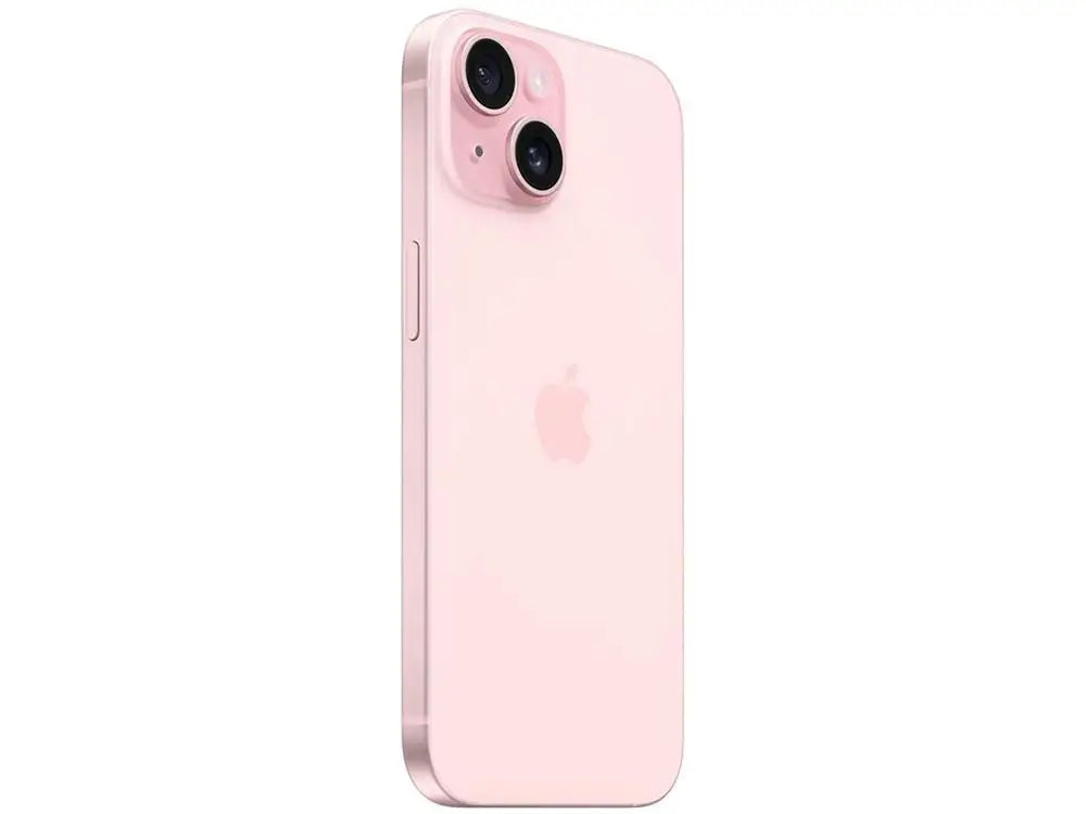 iPhone 15 128GB rosa com design elegante e câmaras de alta qualidade na parte traseira